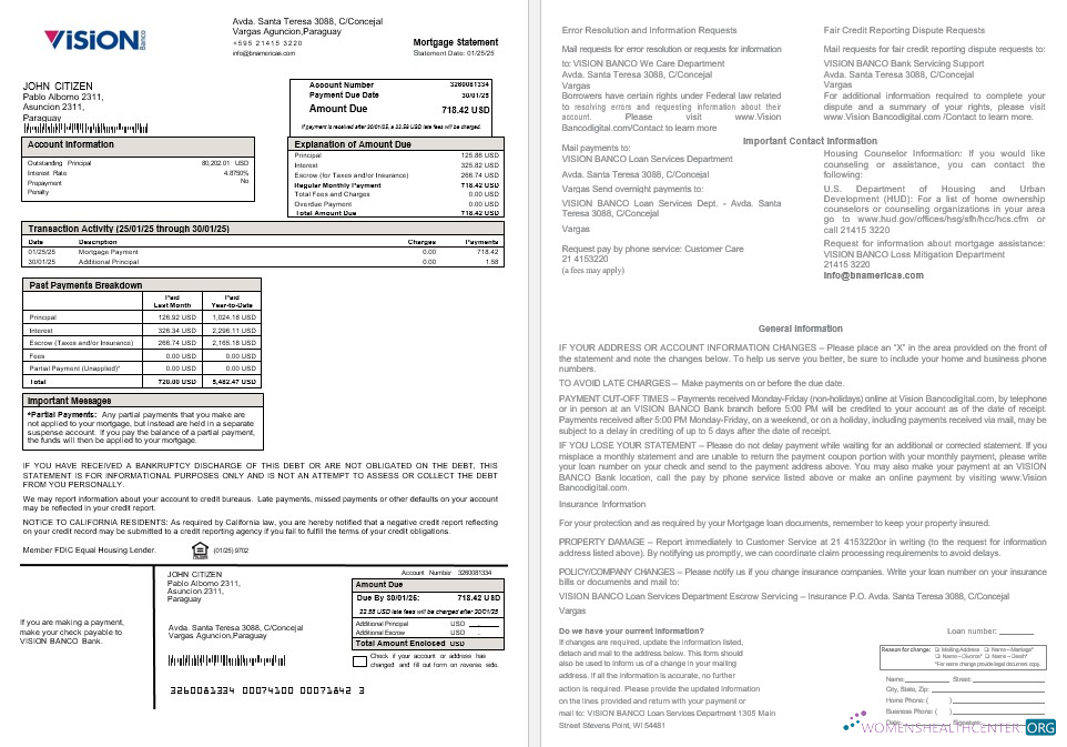 Download Paraguay Vision Banco mortgage statement in Word and PDF formats Photoshop template